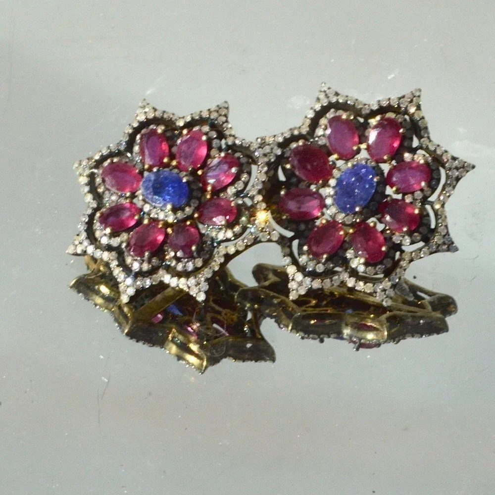 Genuine Ruby Sapphire Pave Diamond Gold Vermeil Sterling Silver 925 Earrings